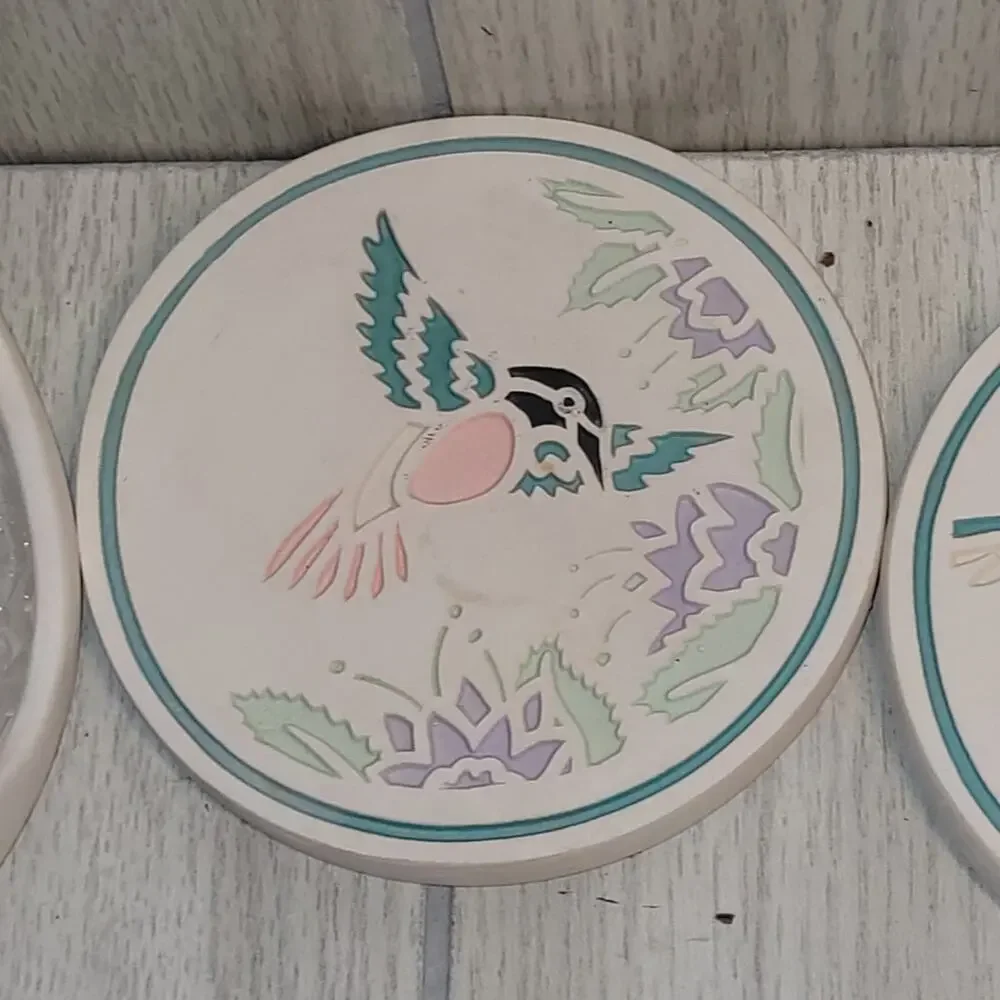 Vtg Southwestern Hummingbird Ceramic Coaster Set Of 4 NWOT Coastal Boho